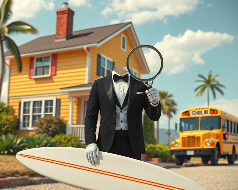 house, surfboard, tuxedo, magnifying glass, school bus